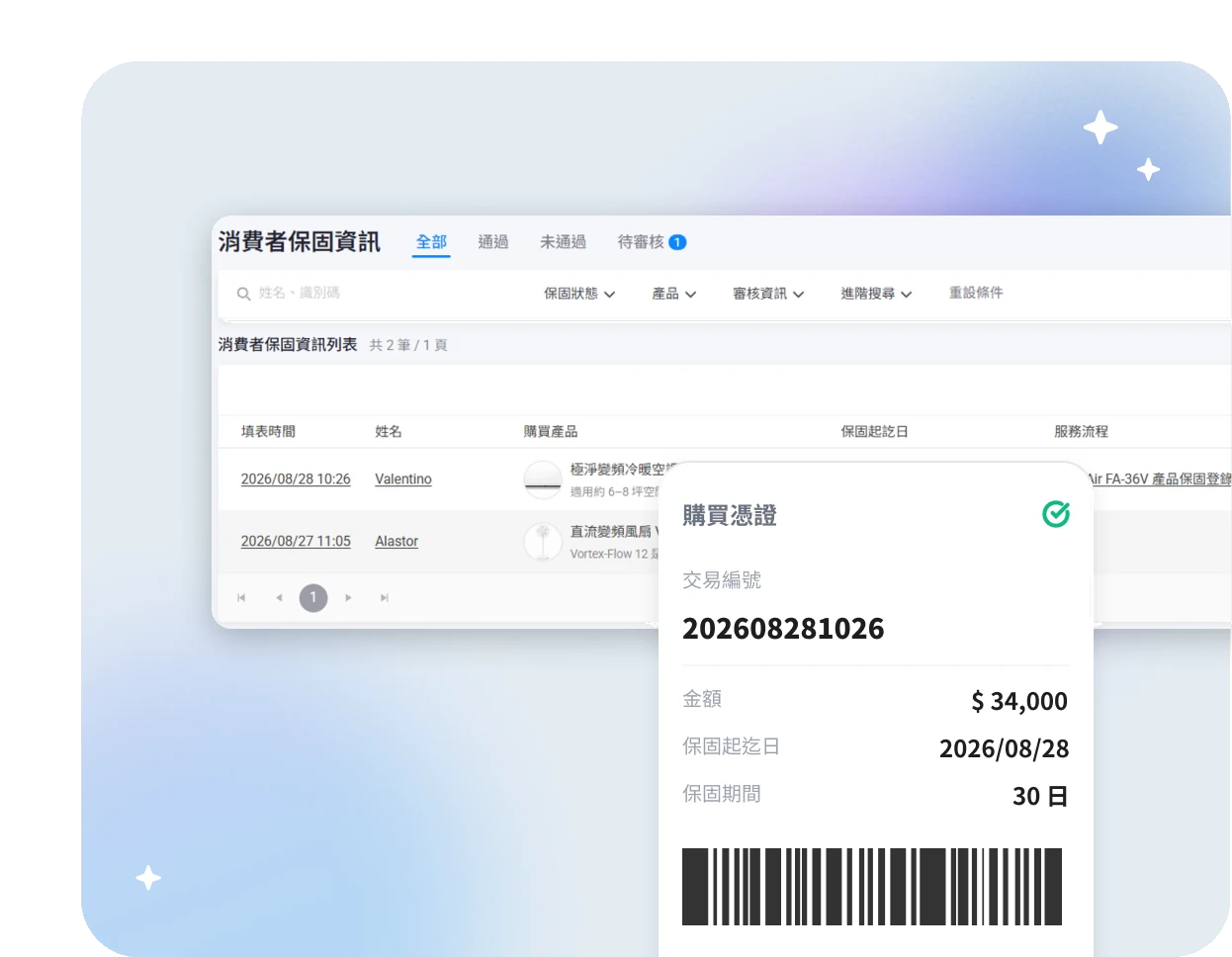 消費者保固資訊管理、審核操作操作畫面