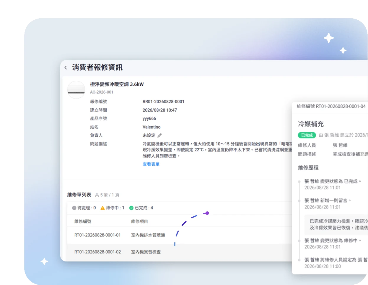 消費者報修資訊流程管理與派工操作畫面